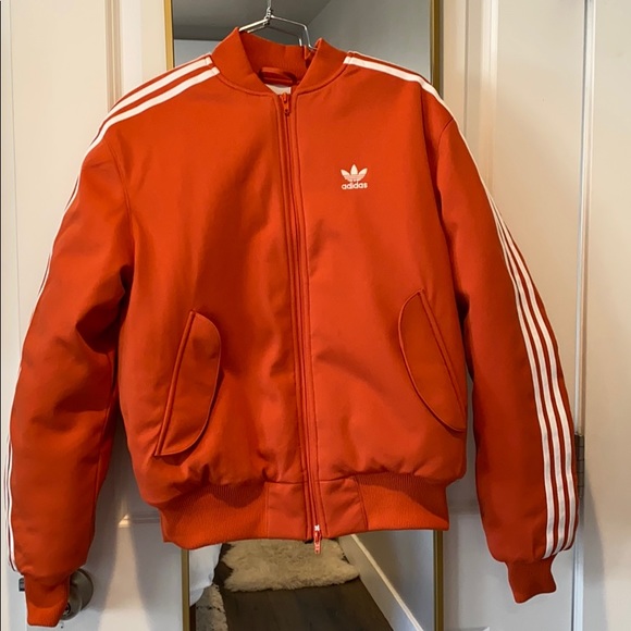 Adidas Orange 3 Stripe Bomber Puffy 